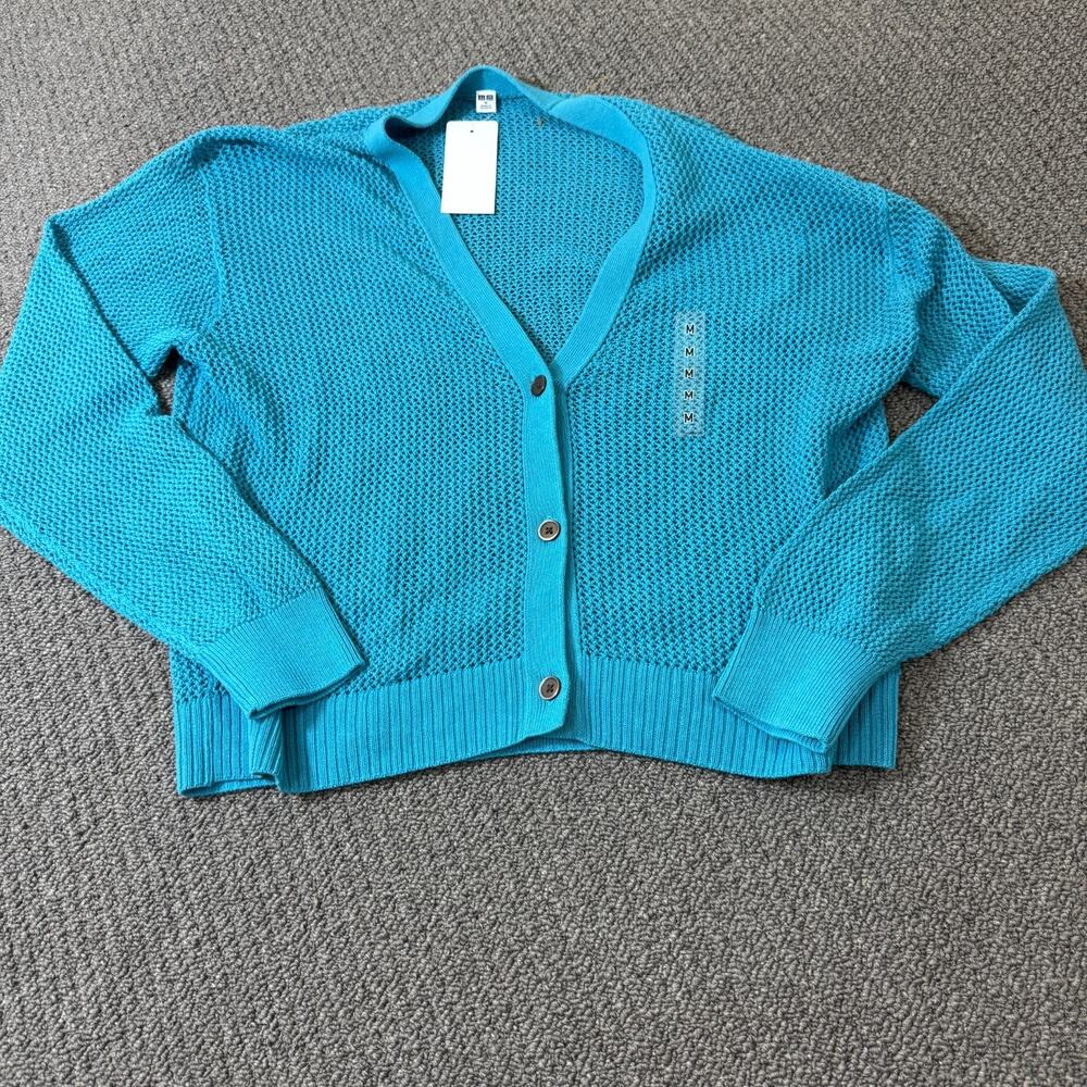 UNIQLO Washable Knit Rib Cardigan 478870 Womens Size Medium Sweater Knit Blue